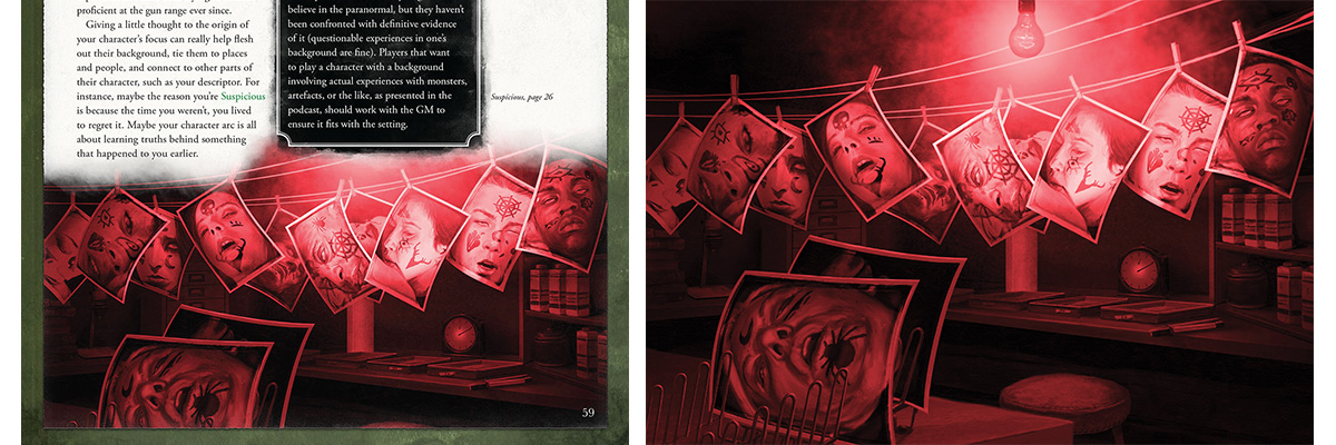 The image shows creepy photographs in a darkroom, lit in lurid red light. The corebook version is significantly cropped to blend into the page and allow the text to flow adjacent to it.