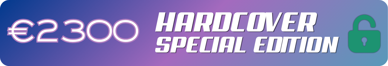  Text: €2300 Hardcover Special Edition on a blue and purple gradient with an open green lock at the side