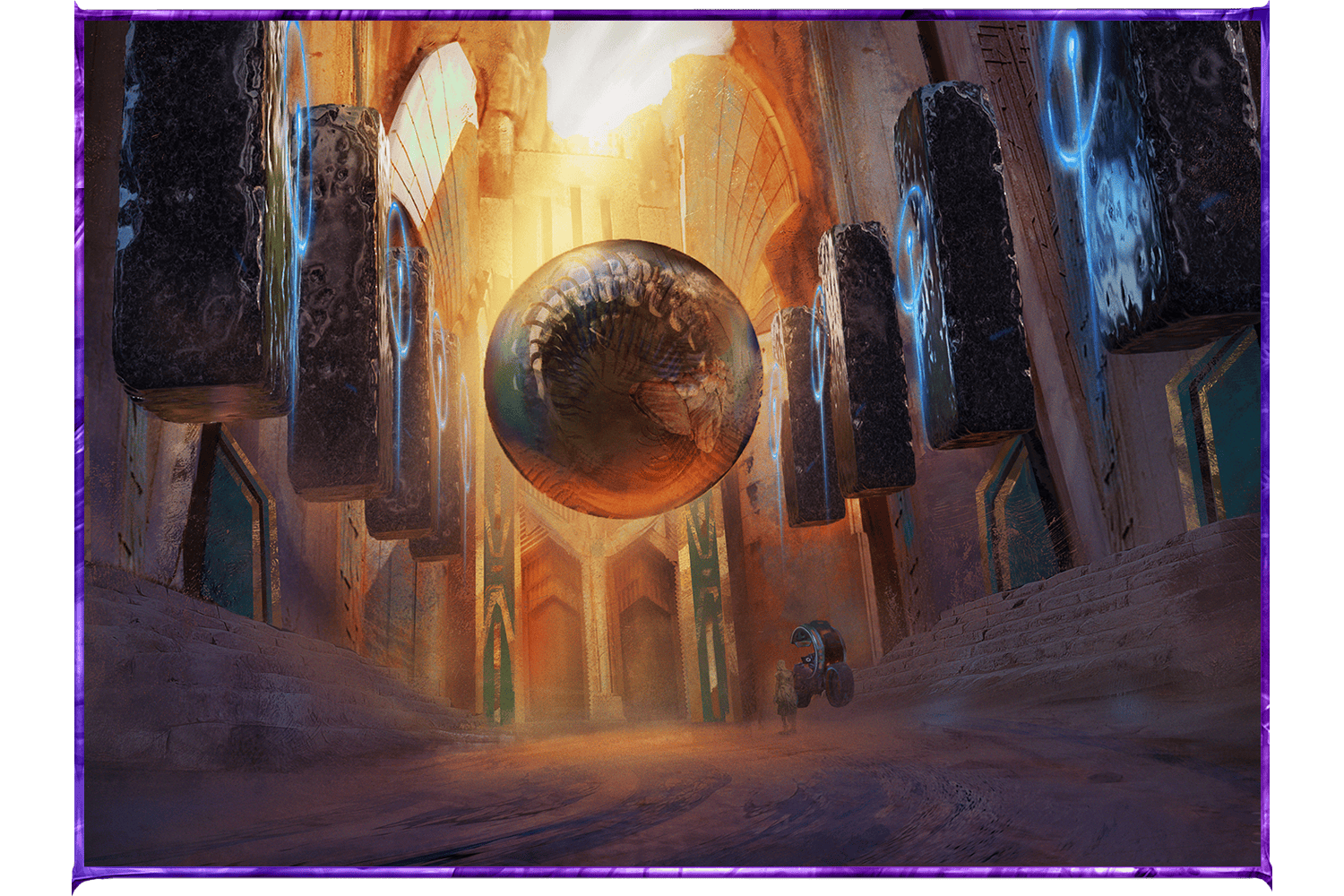 An illustration of a lone figure in some strange, forgotten temple of floating stones and a spherical object that may be an egg.