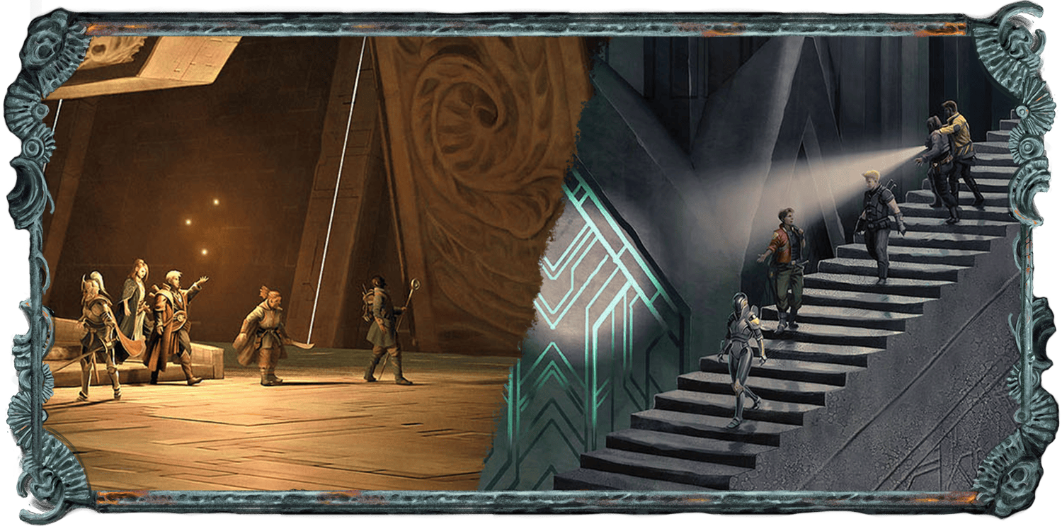 A split illustration, with one side showing a group of fantasy characters exploring a vast room with ornate stonework, and the other showing sci-fi characters descending a massive underground staircase.