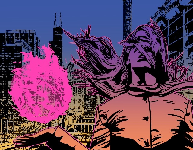 Image by Charlotte featuring a woman holding a fireball in front of the Chciago skyline