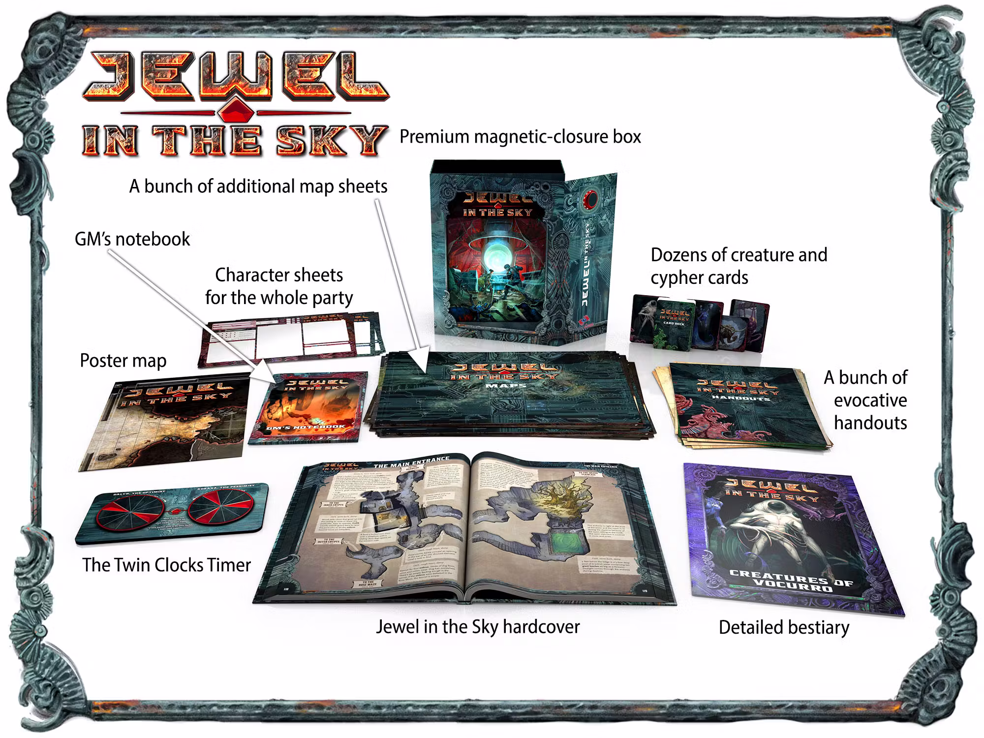 Mock up of the contents of the Jewel in the Sky boxed set including the upgraded hard cover book