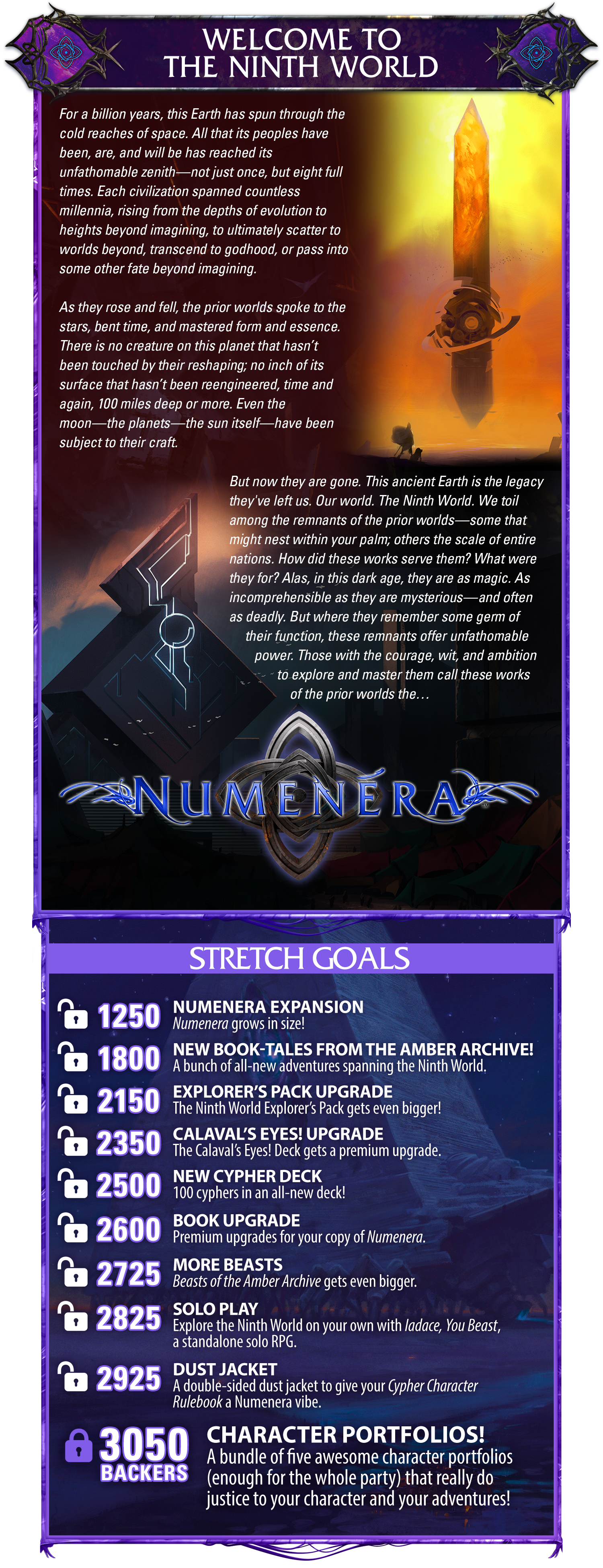 Header: Welcome to the Ninth World. Body copy: For a billion years, this Earth has spun through the cold reaches of space. All that its peoples have been, are, and will be has reached its unfathomable zenith—not just once, but eight full times. Each civilization spanned countless millennia, rising from the depths of evolution to heights beyond imagining, to ultimately scatter to worlds beyond, transcend to godhood, or pass into some other fate beyond imagining. As they rose and fell, the prior worlds spoke to the stars, bent time, and mastered form and essence. There is no creature on this planet that hasn’t been touched by their reshaping; no inch of its surface that hasn’t been reengineered, time and again, 100 miles deep or more. Even the moon—the planets—the sun itself—have been subject to their craft. But now they are gone. This ancient Earth is the legacy they've left us. Our world. The Ninth World. We toil among the remnants of the prior worlds—some that might nest within your palm; others the scale of entire nations. How did these works serve them? What were they for? Alas, in this dark age, they are as magic. As incomprehensible as they are mysterious—and often as deadly. But where they remember some germ of their function, these remnants offer unfathomable power. Those with the courage, wit, and ambition to explore and master them call these works of the prior worlds the… Numenera. Art shows the Amber Monolith as well as a cool building, plus the Numenera logo over the Order of Truth symbol. STRETCH GOALS UNLOCKED: 1250 backers: Numenera Expansion: Numenera grows in size! 1800 Backers: New book—Tales from the Amber Archive. A bunch of all-new adventures spanning the Ninth World! 2150 Backers: Explorer's Pack Upgrade. The Ninth World Explorer's Pack gets even bigger! 2350 Calaval's Eyes! Upgrade. The Calaval’s Eyes! Deck gets a production upgrade with premium features. 2500: New Cypher Deck. 100 cyphers in an all-new deck! 2600: Book Upgrade. Premium upgrades for your copy of Numenera. 2725: More Beasts! Beasts of the Amber Archive gets even bigger. 2825: Solo Play! Explore the Ninth World on your own with Iadace, You Beast, a standalone solo RPG. 2925: Cypher Dust Jacket! A double-sided dust jacket to give your Cypher Character Rulebook a Numenera vibe. LOCKED: 3050 BACKERS: CHARACTER PORTFOLIOS! A bundle of five awesome character portfolios (enough for the whole party) that really do justice to your character and your adventures!.