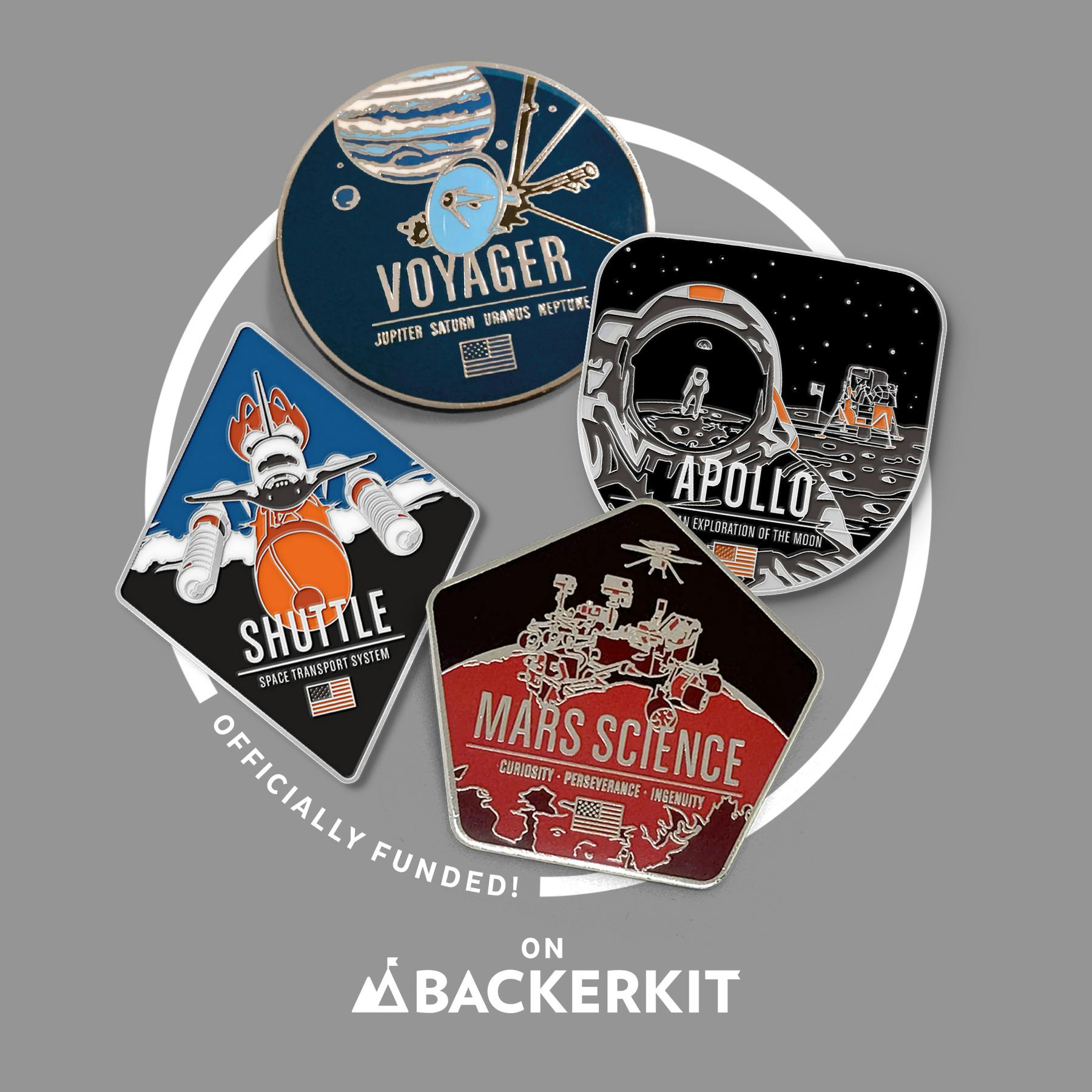 Set of Four Space Mission Enamel Pins