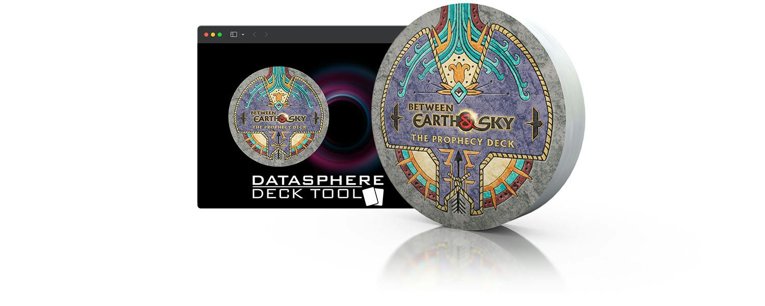 An illustration showing the Prophecy Deck in physical form, as well as in digital form on the Datasphere Deck Tool.