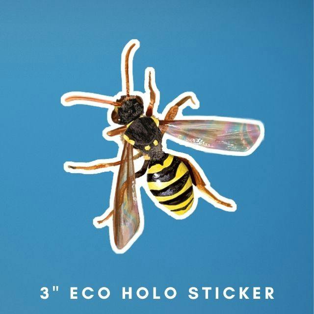 a three inch eco holographic sticker made from an illustration of a gooden's nomad bee. The wings are holographic effect.