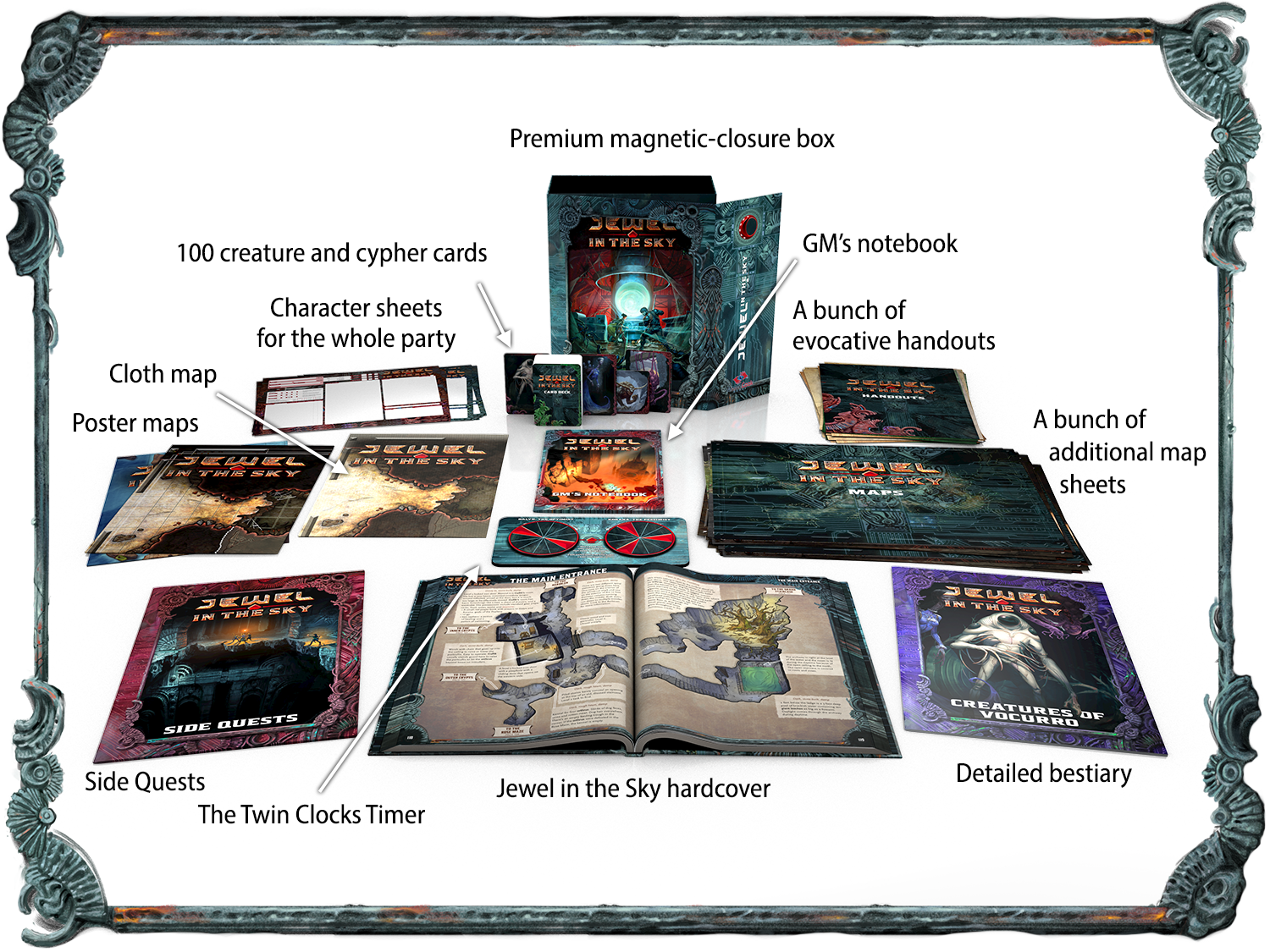 An image showing the box set contents, including: the standard edition hardcover; two poster maps; a cloth map; a dozen+ additional map sheets; a bunch of evocative handouts; 100 creature and cypher cards; character sheets for the whole party—both fantasy and sci-fi versions; the Twin Clocks Timer; a detailed bestiary; a GM notebook; the side quests book; and the premium magnetic-closure box.