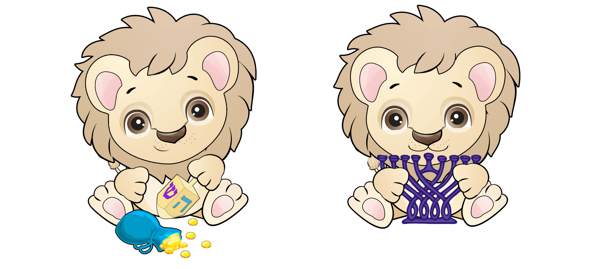Cute lion cub holding a dreidel with a bag of gelt spilling in front of him (left) and cute lion cub holding a purple menorah (right)