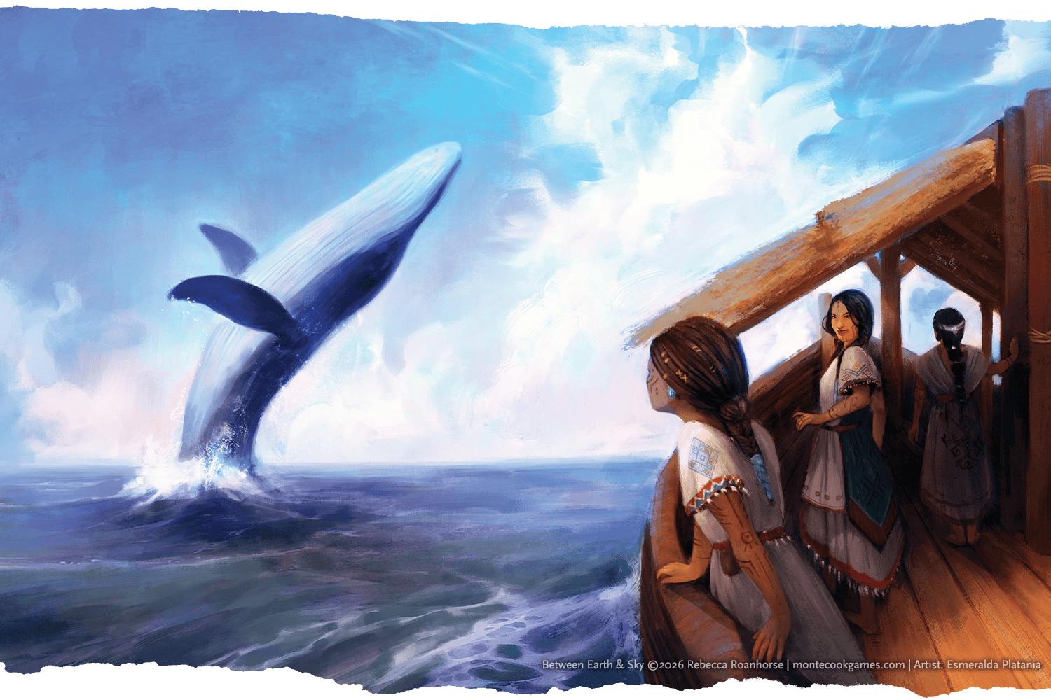 Illustration showing several characters aboard a wooden ship, watching as a whale broaches the surface nearby.