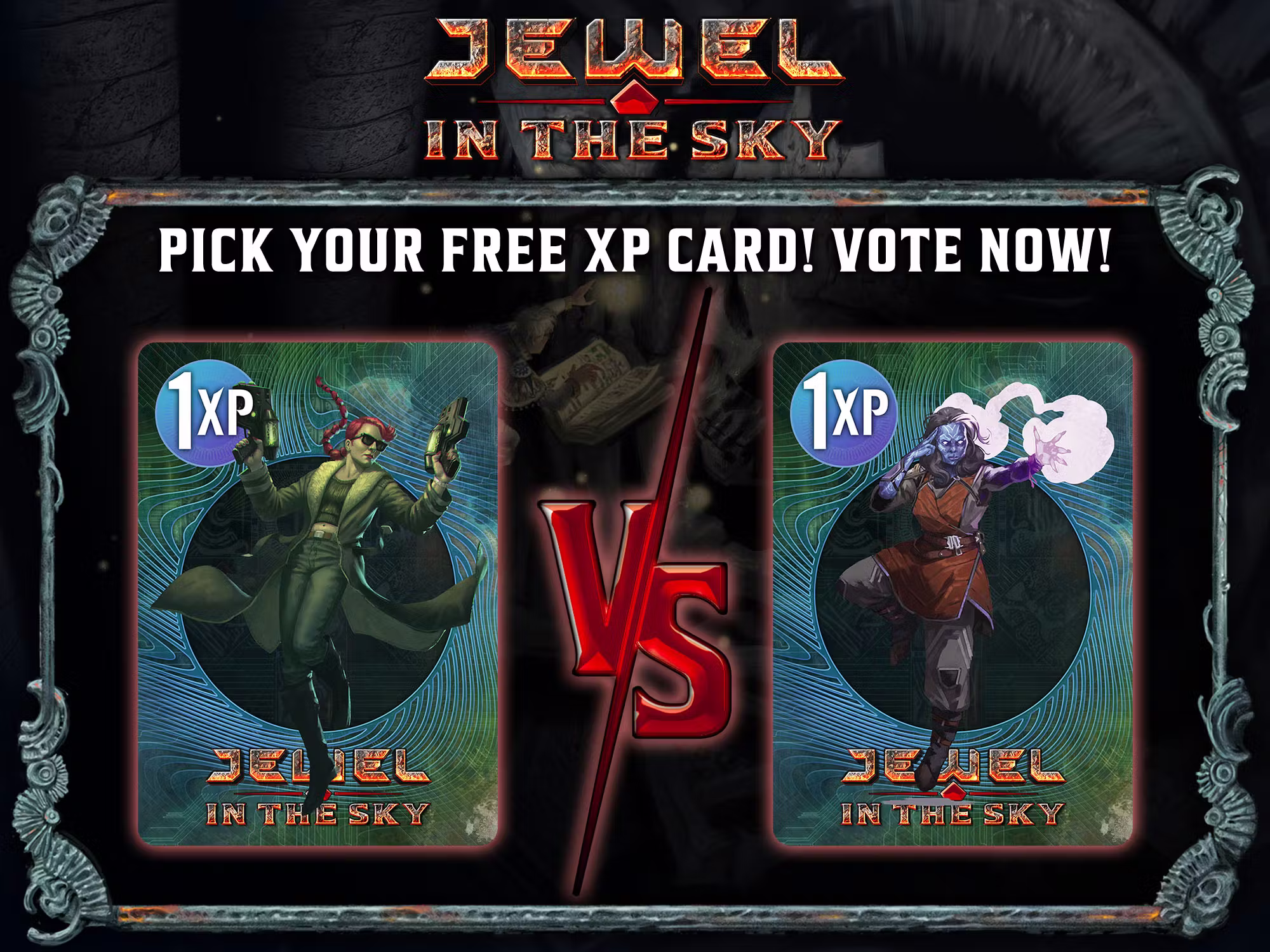 Image showing the Jewel in the Sky logo above two cards, with a "vs." between them and the text "Pick your free XP card! Vote now!" One card shows a sci-fi character with two blasters; the other shows a character blasting arcane energy from their mind.