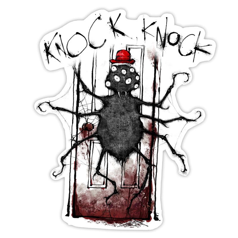 Mockup of a sticker showing Mr Spider amid webs, with the words "Knock knock".
