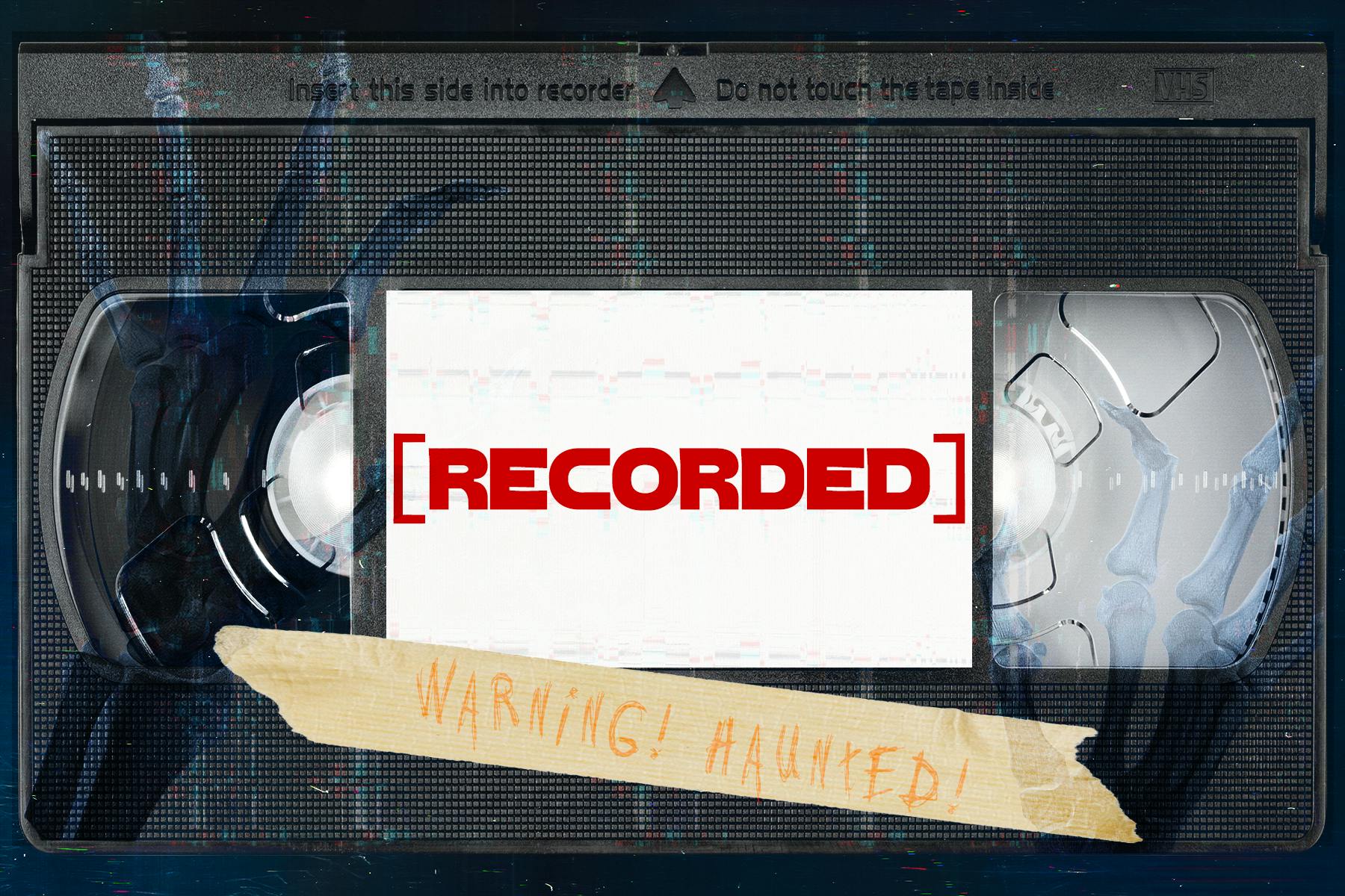 the VHS cassette sticker and post card design looks like an analog VHS tape with a white label that reads [RECORDED]; a piece of masking tape on the center has "WARNING! HAUNTED!" written in faded red ink