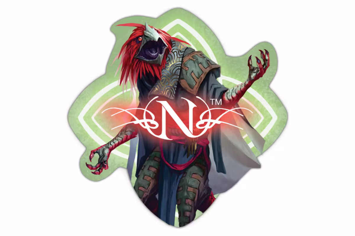 Mockup of a sticker showing a bird-headed fantasy creature, over the Order of Truth symbol and with a graphic "N" styled like the Numenera logo.