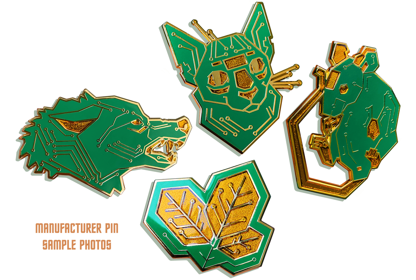 Photos of four enamel pin samples featuring a snarling wolf, cat, mouse, and leaves designed to resembled Printed Circuit Boards (PCB). Text in the bottom left reads "manufacturer pin sample photos".