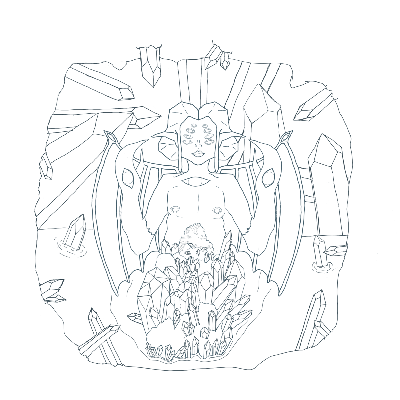 A outline drawing of a many eyed fairy. They have lobster claw hands, several crystals making up their lower body, and dragon-like wings. The background is of a watery, crystal cave