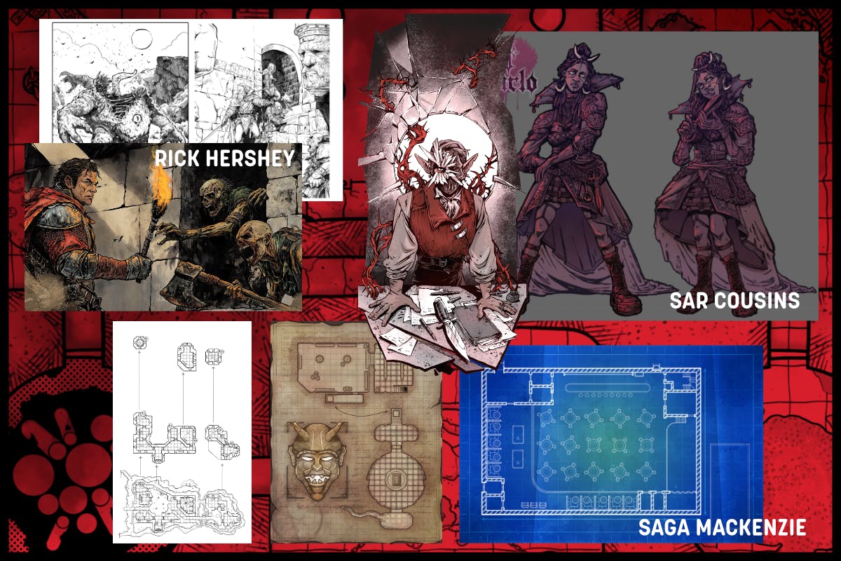 Some of the Metadungeon artists' portfolio pieces. Traditional fantasy illustrations, in black and white and colour, by Rick Hershey; richly coloured and dramatic character art by Sar Cousins; traditional and futuristic dungeon maps by Saga Mackenzie