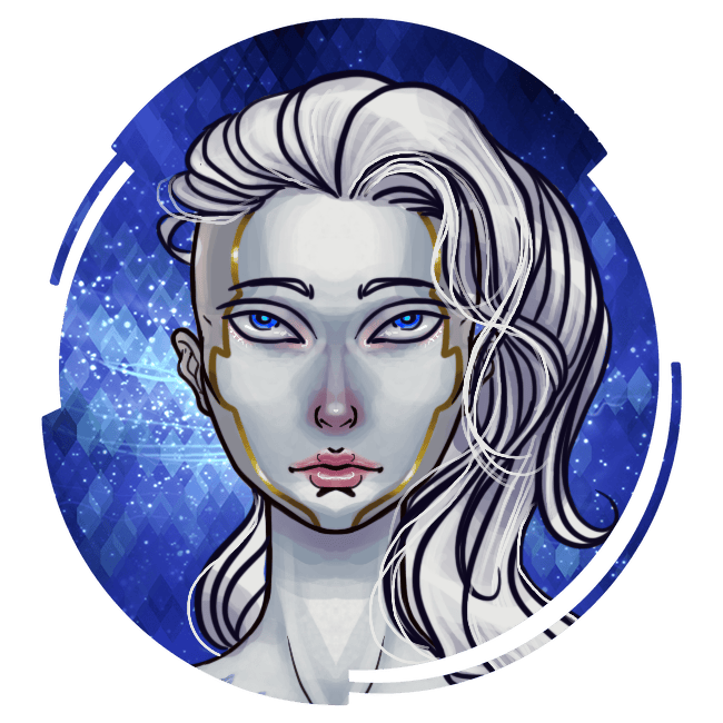 A head on drawing of a white and gold cyborg woman with white hair and blue eyes.