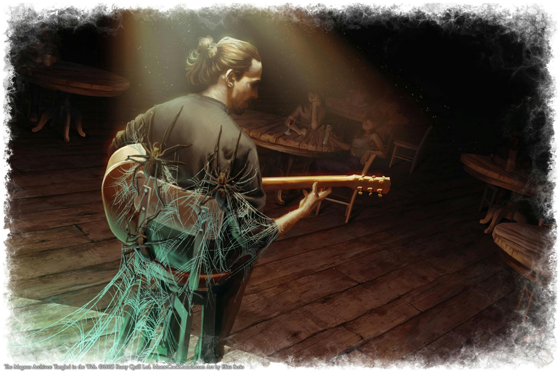 A man plays guitar on stage with a few fans watch. Across his back is a large web of spiders who are clearly pulling his strings.