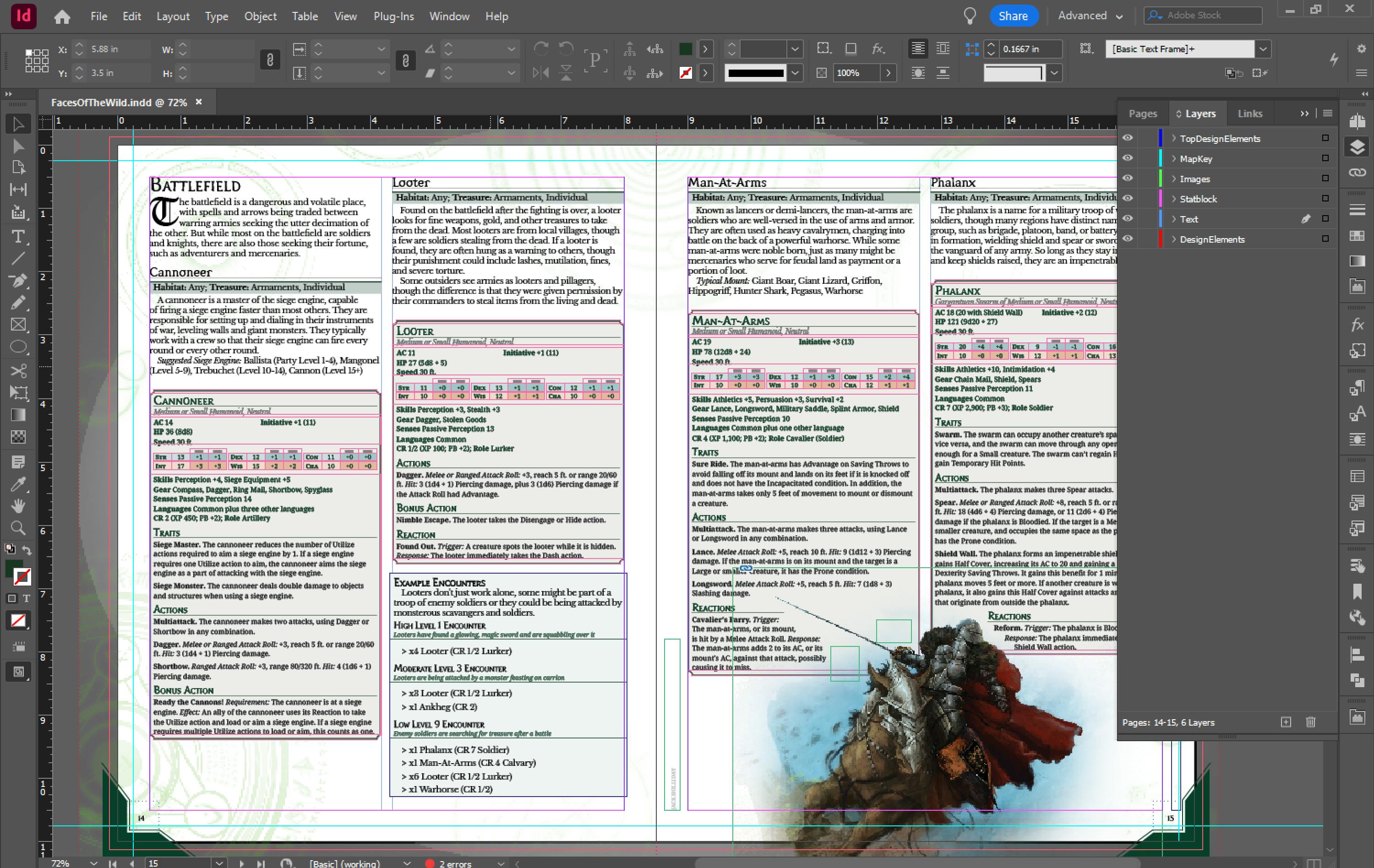 Screen grab of InDesign with a two page spread showing four stat blocks for NPCs you would meet on the Battlefield - includes an image of a mounted knight