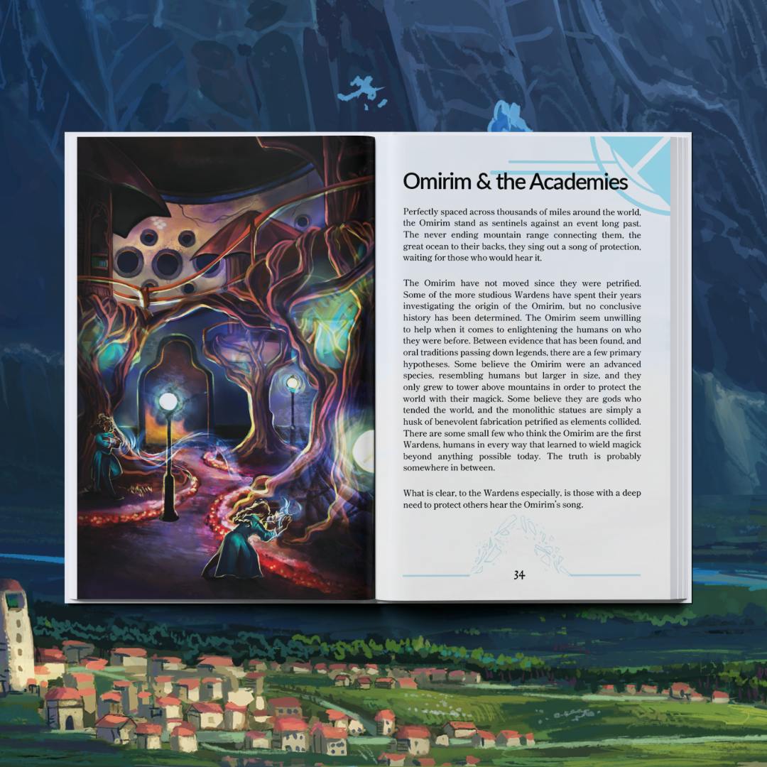 Showcase spread of Soothwardens over a seaside mountain town background. Spread shows a full-art page on the left of the outside of a massive academy building, with the right page being text with the heading "Omirin & the Academies."