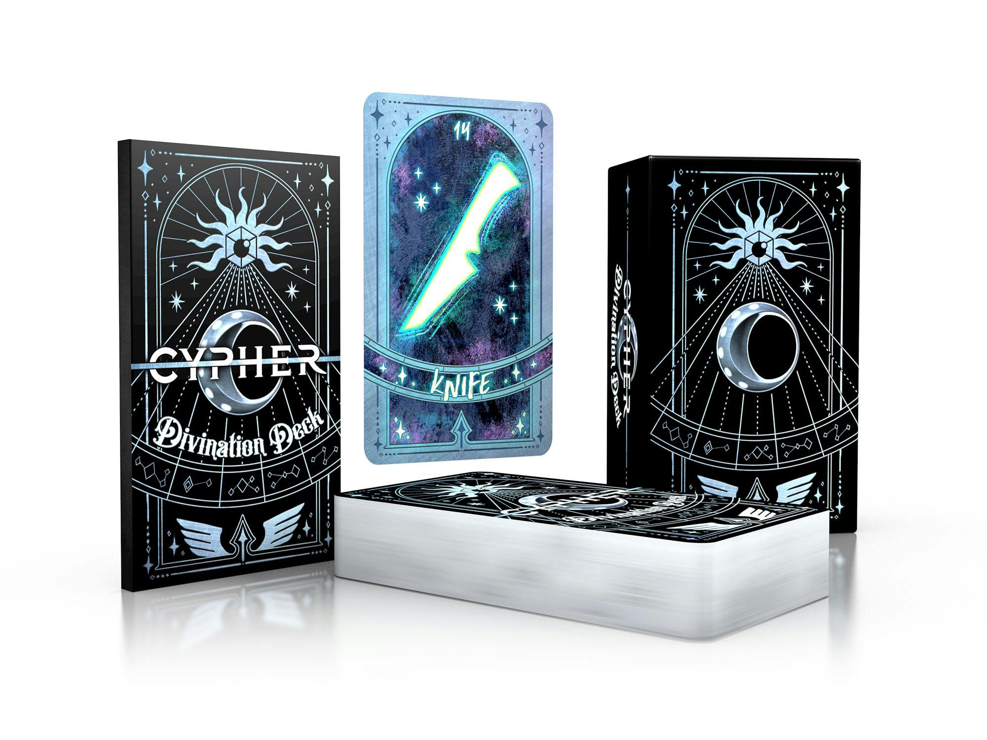 A mockup of the Divination Deck, showing the tarot-sized cards with a beautiful ornate card back design, the face of a card labeled Knife, and the box the deck comes in.
