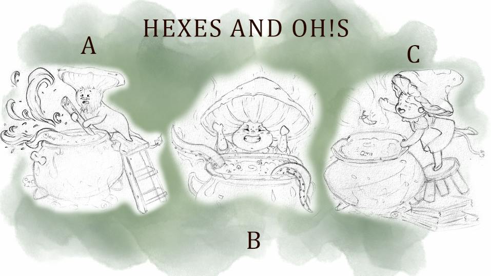 A: a Mushby that looks alarmed stand on a ladder and stirs a cauldron. B: a mushby cackles over their tentacle filled cauldron. C: a joyful mushby tosses a chili pepper into a cauldron  