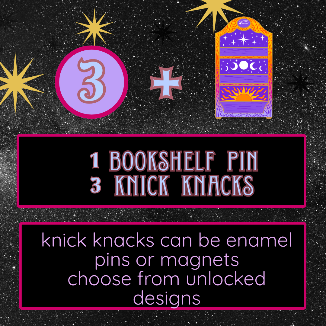 1 bookshelf pin + 3 Knick knacks