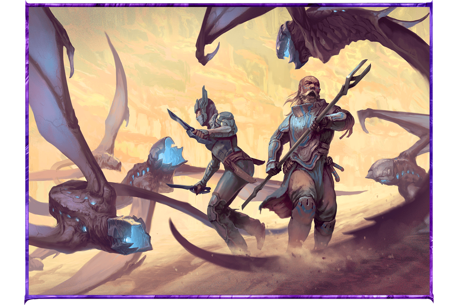 An illustration of two characters fighting off a horde of flying beasts.