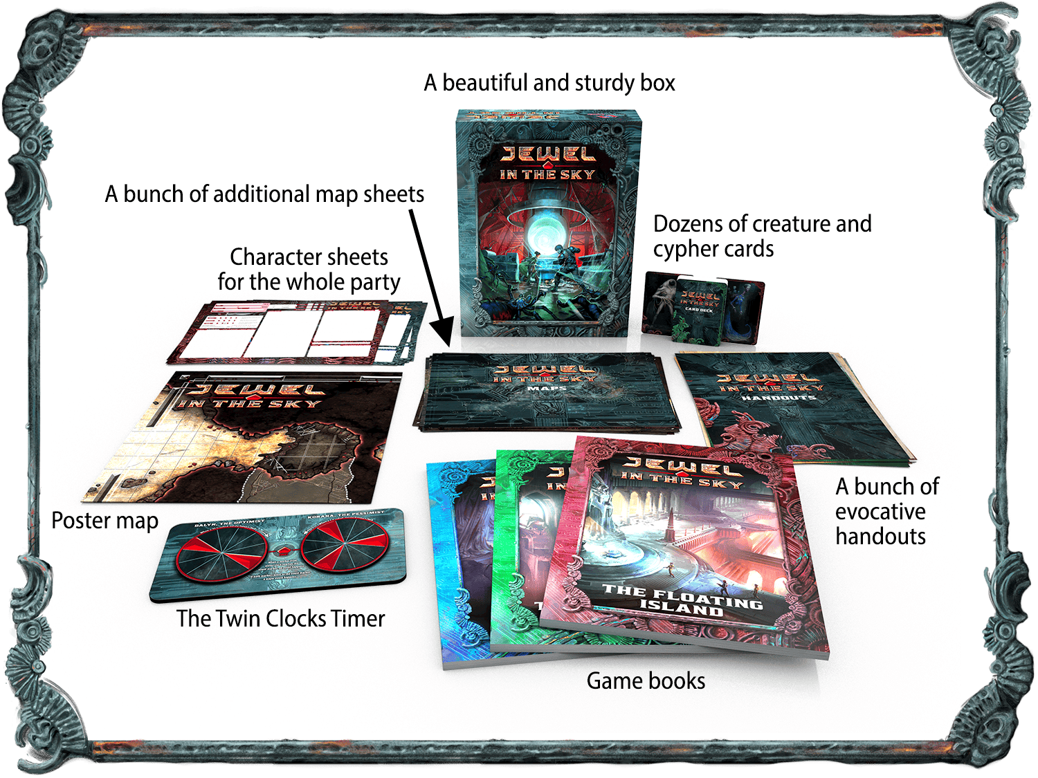 An image showing the box set contents, including: the content of the standard edition, split into three separate books for easier reference; a poster map; a dozen+ additional map sheets; a bunch of evocative handouts; dozens of creature and cypher cards; character sheets for the whole party—both fantasy and sci-fi versions; the Twin Clocks Timer.