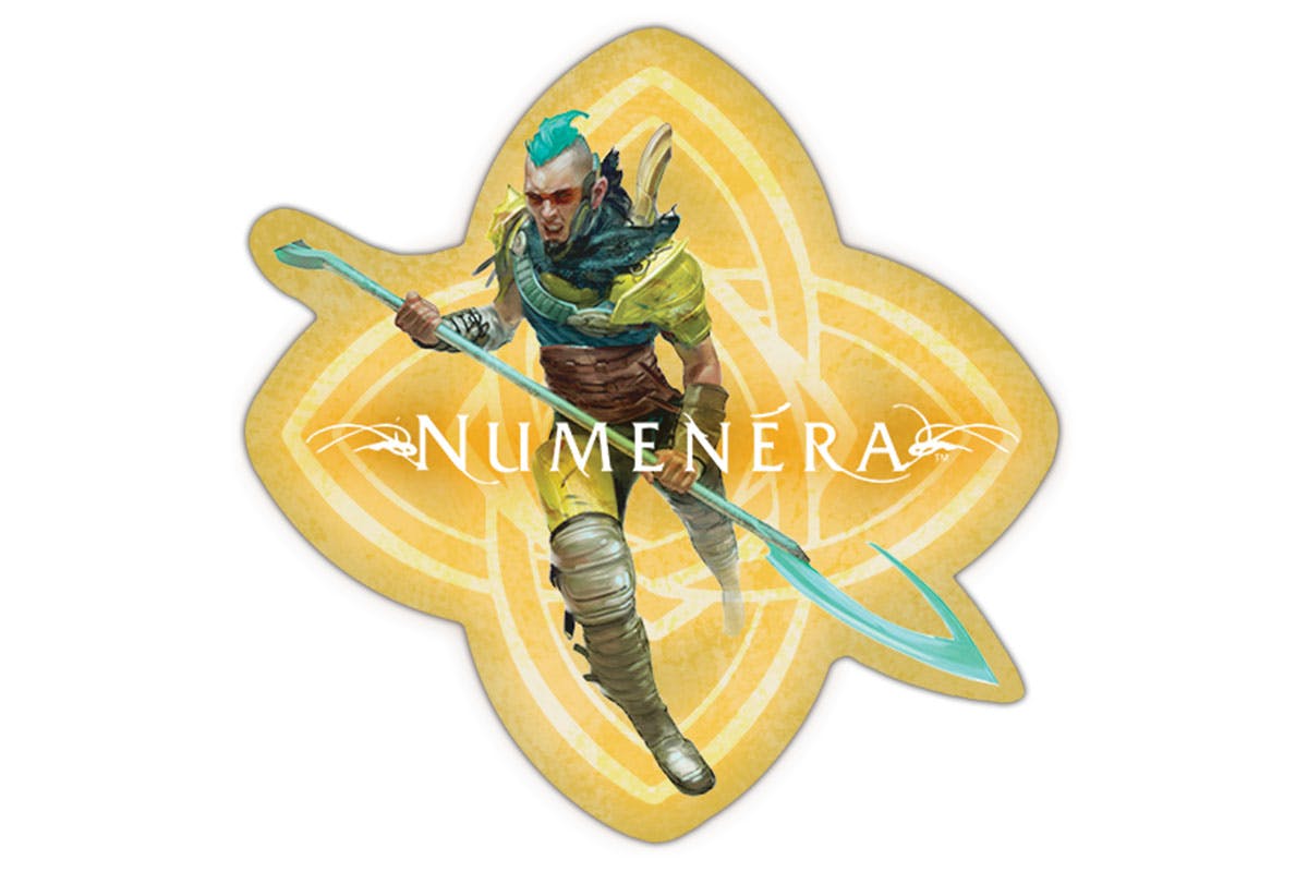 Mockup of a sticker showing a fantasy with a strange polearm, over the Order of Truth symbol and with the Numenera logo.