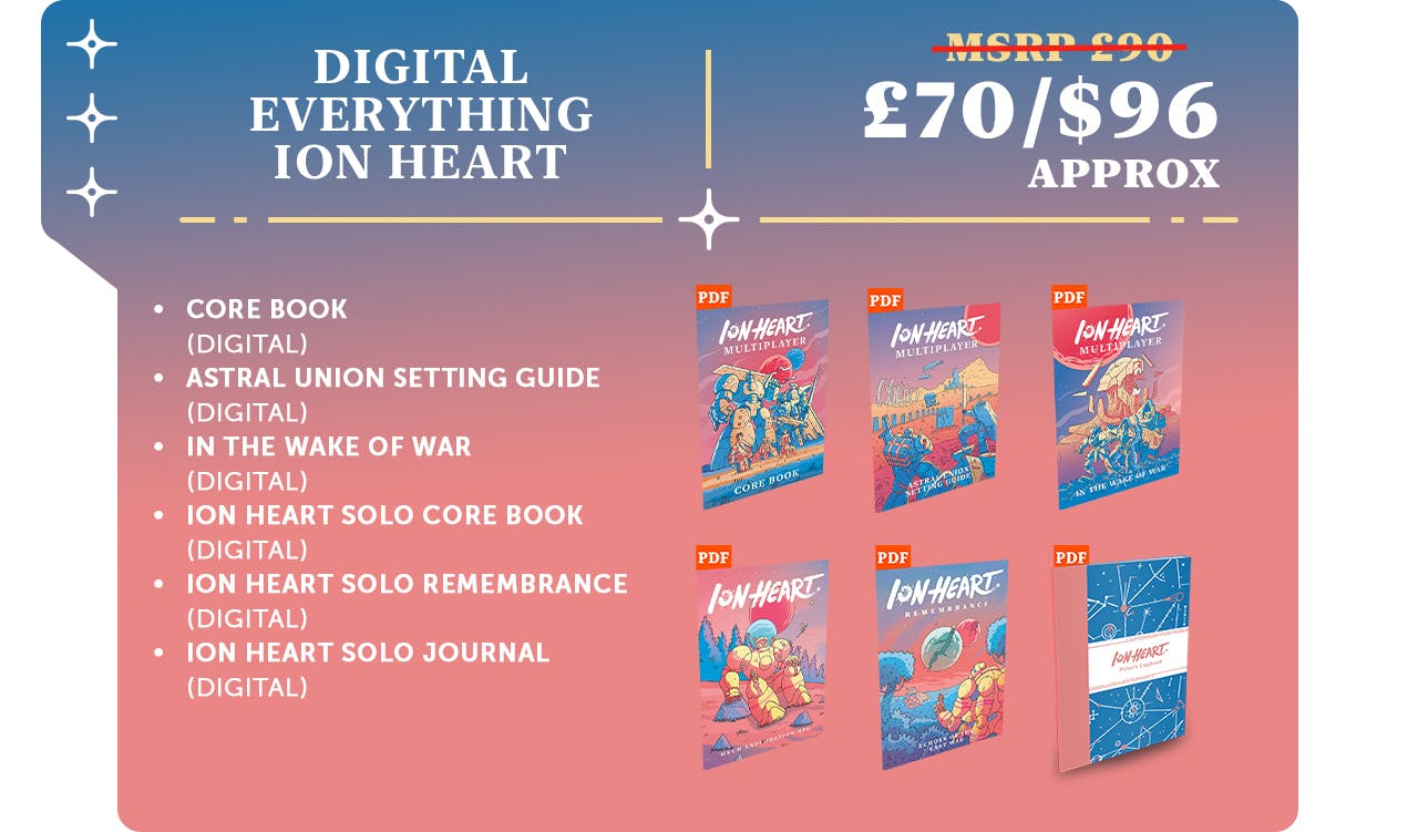Digital Everything ION Heart - Digital copies of all gameplay books for ION Heart Multiplayer, and the original ION Heart Solo RPG, £70 / &96.
