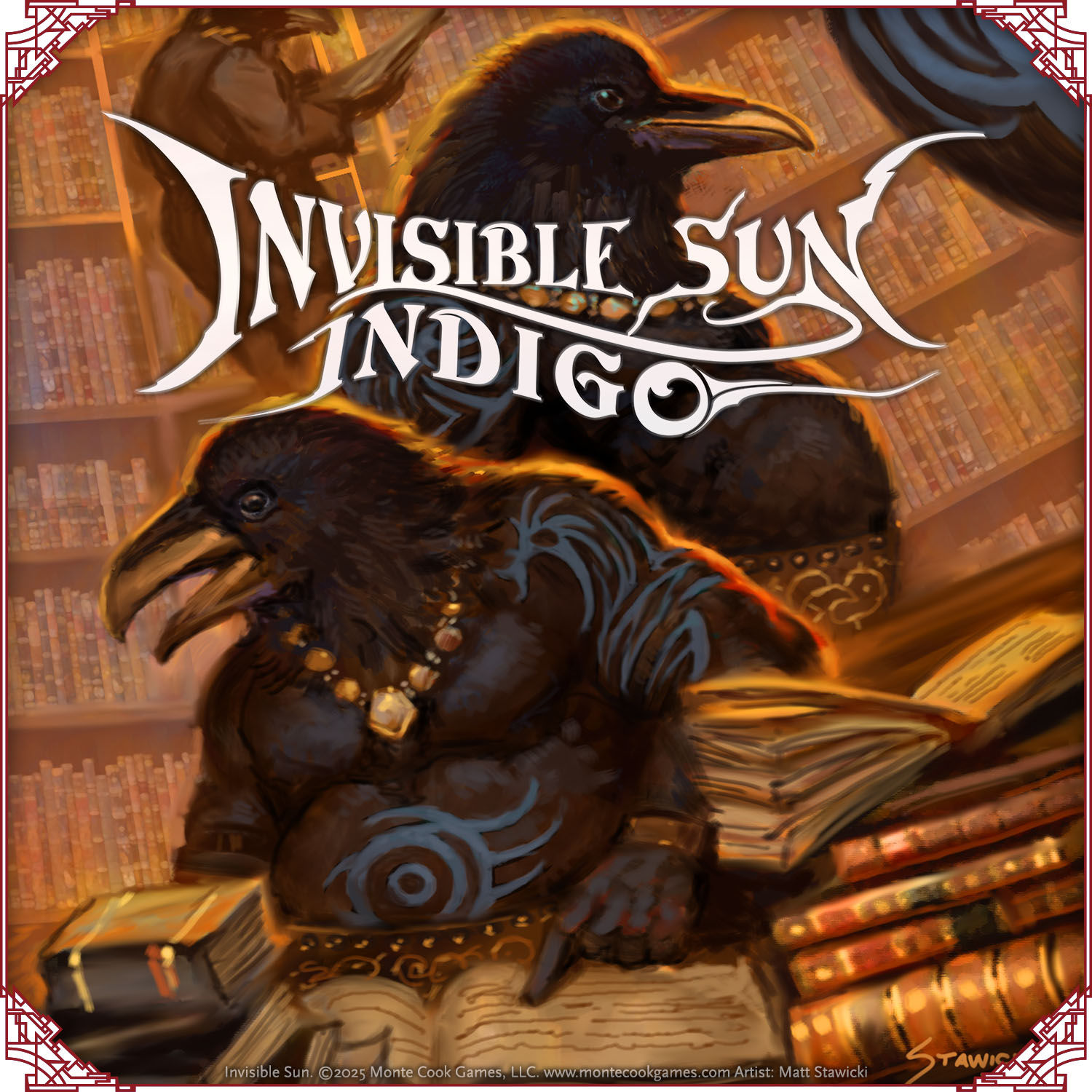 Invisible Sun art featuring two birdlike people surrounded by books, with the Invisible Sun: Indigo logo. Right-click to download and share.