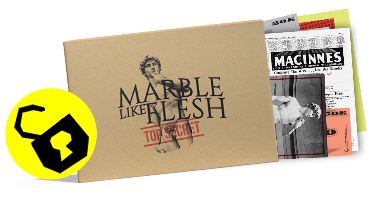 Graphic depicting a Top Secret folder titled "Marble Like Flesh" unlocked.