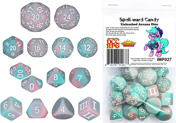 Spell-ward Candy DCC 14 dice set plus DCC/5E magic item PDF for Spell-ward Candy