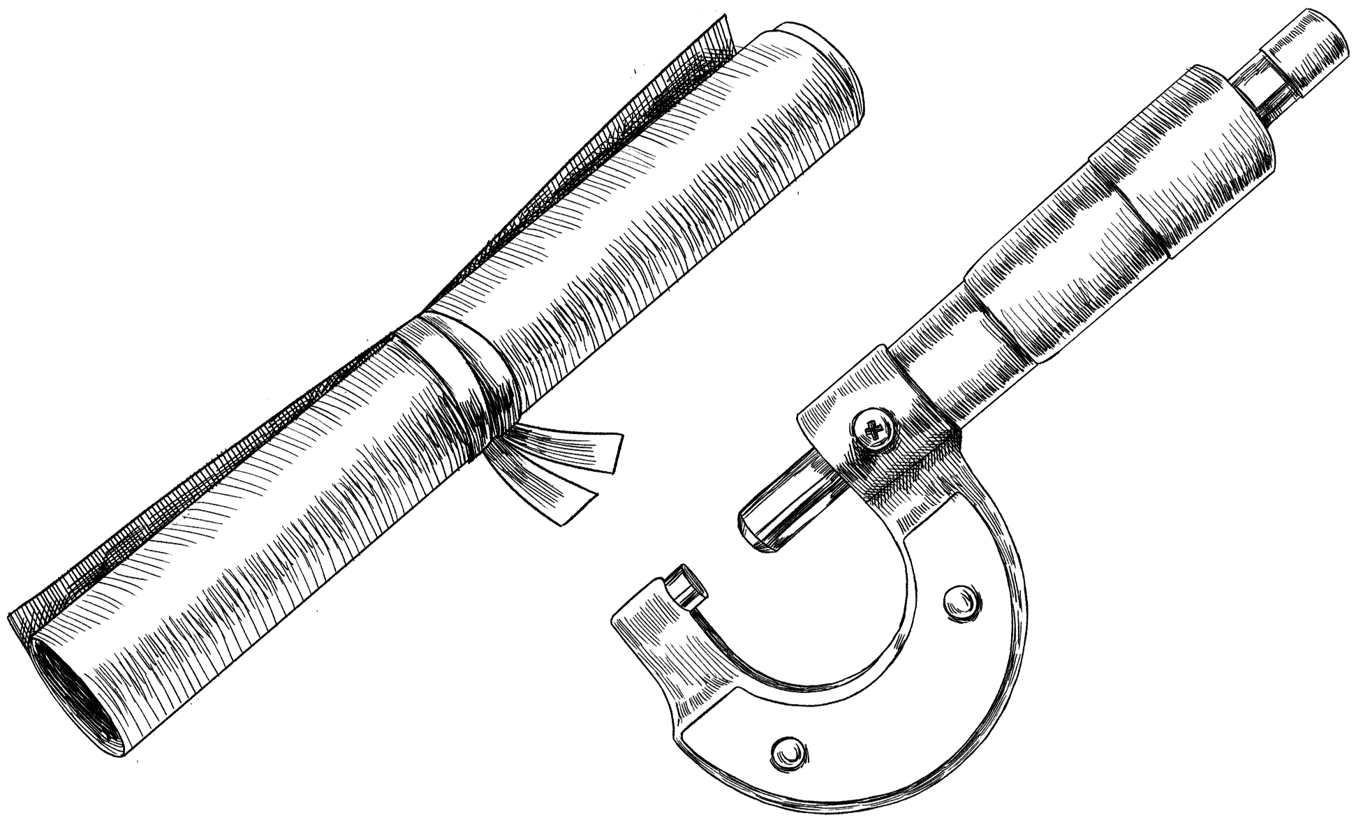 A black and white digital illustration of a rolled up piece of paper tied with ribbon and a metal instrument that looks like it's used to measure depth