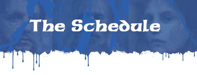 There is a new section header. It has the same composite blue dripping graphic as the first section. White text on top of the blue reads, The Schedule.