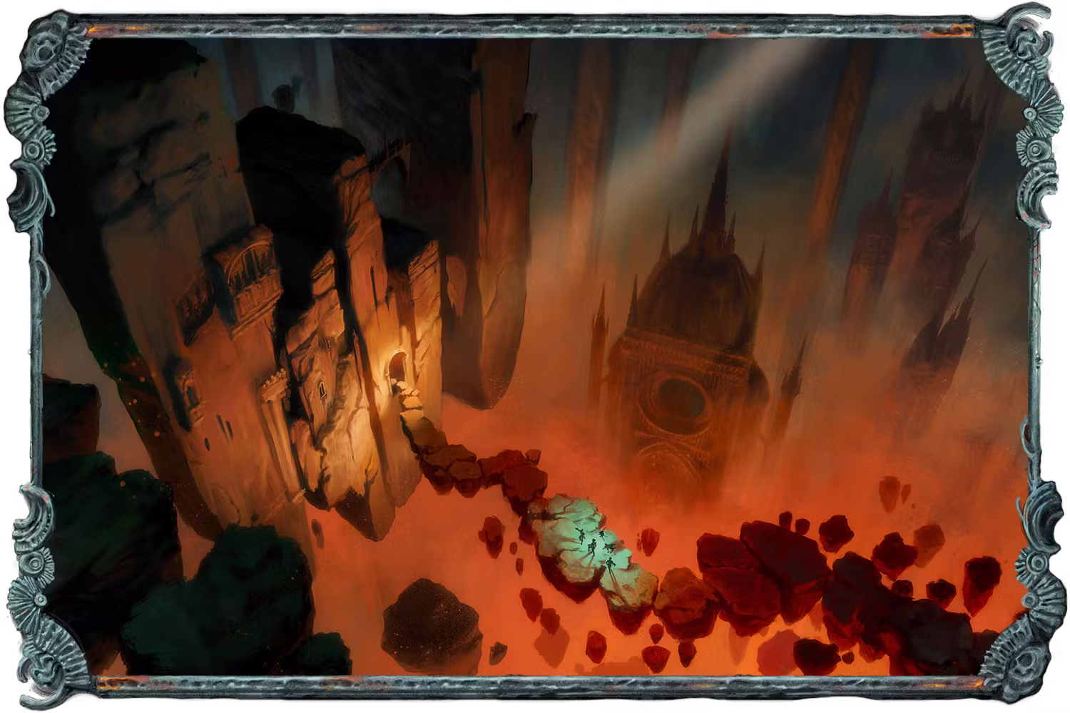 An illustration showing a group of characters as they traverse a fragmented and dangerous path across a large void in space. They're slowly making their way to a floating structure.