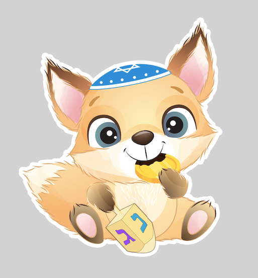 adorable fox character holding a dreidel, biting into a piece of chocolate gelt, and wearing a blue kippah