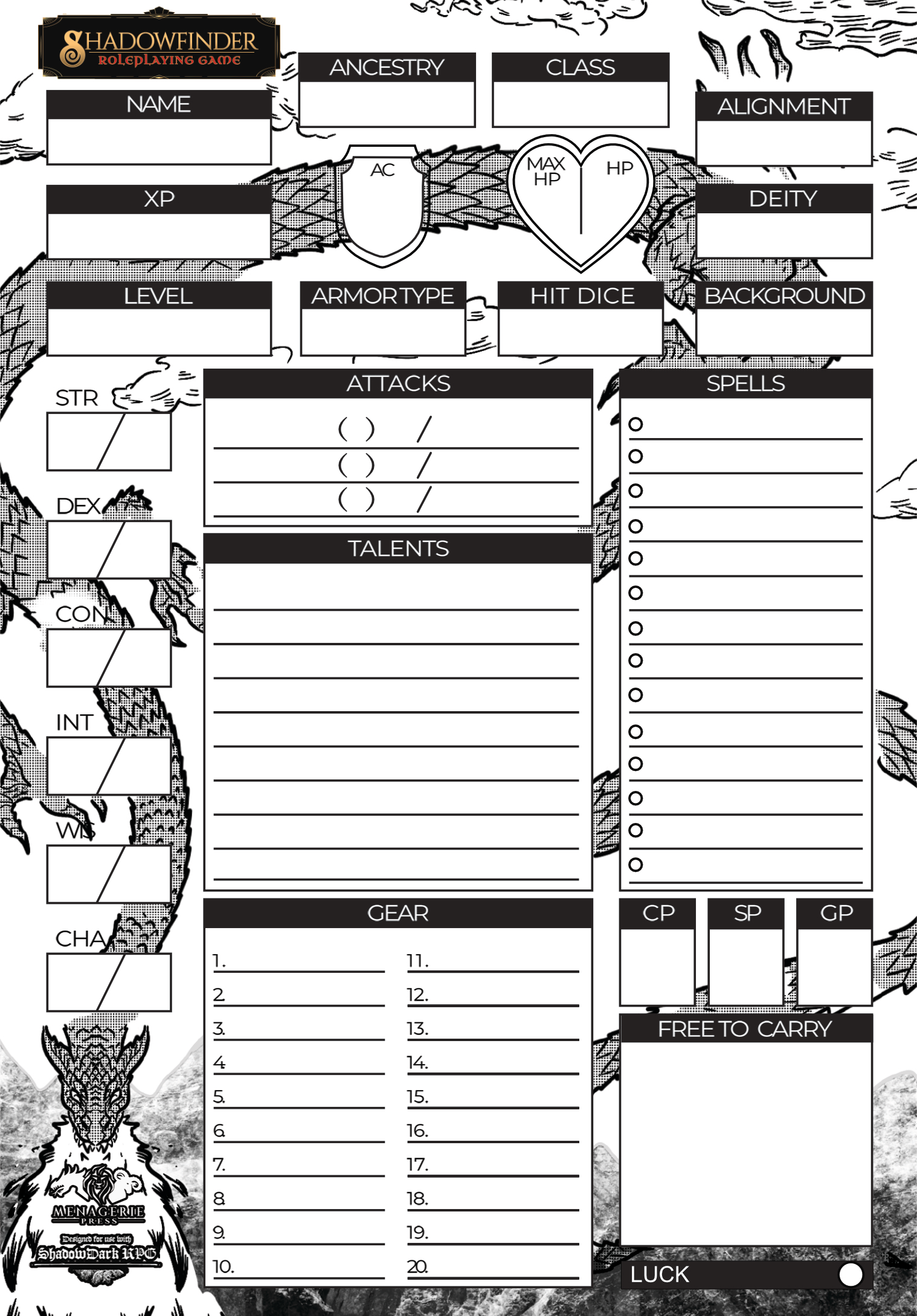 Shadowfinder Character Sheet A5 Notepad