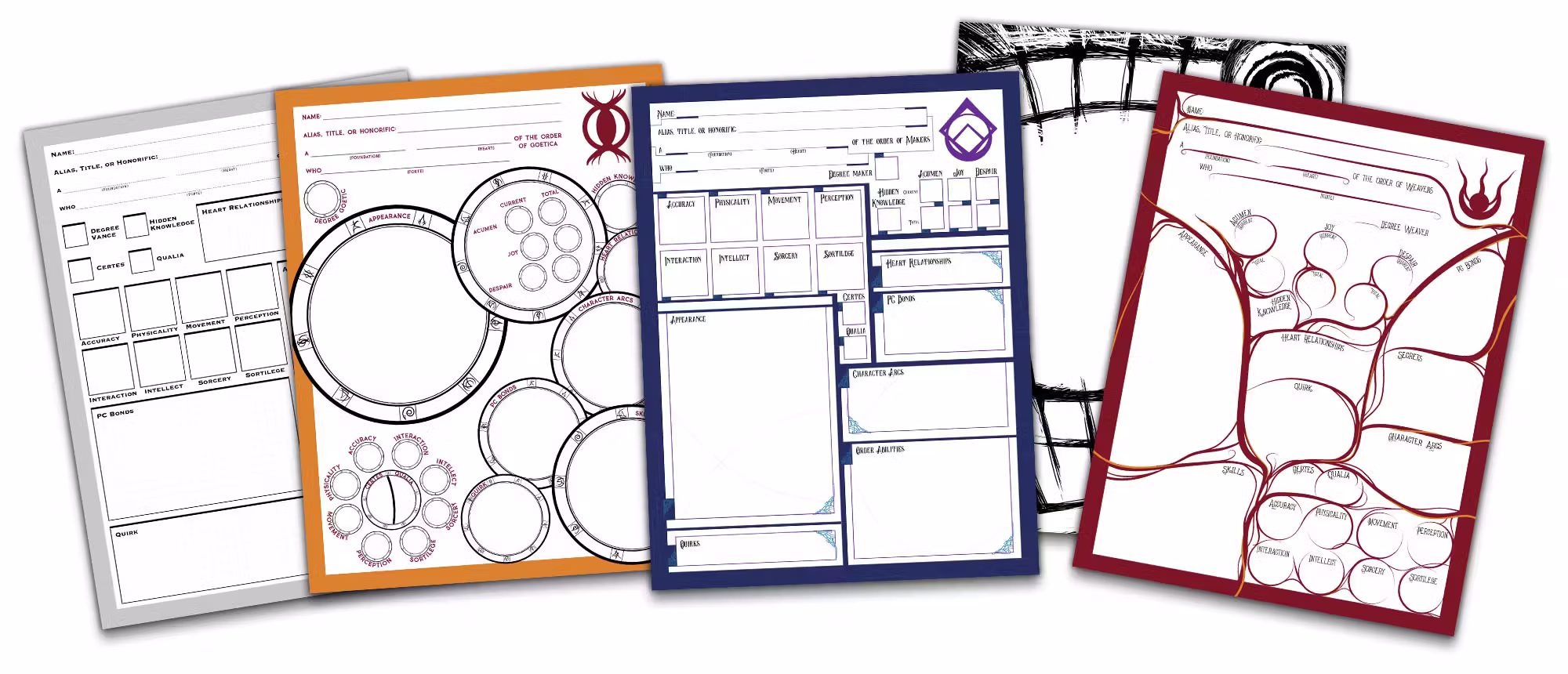 Showing the new printer friendly character sheets for Invisible Sun Indigo