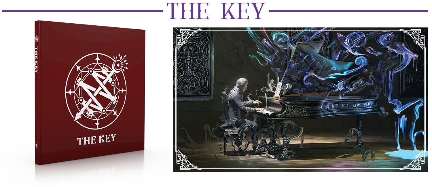 Header: The Key. Plus an image showing the cover of The Key and a Vislae playing magical music at a piano that he's becoming one with.