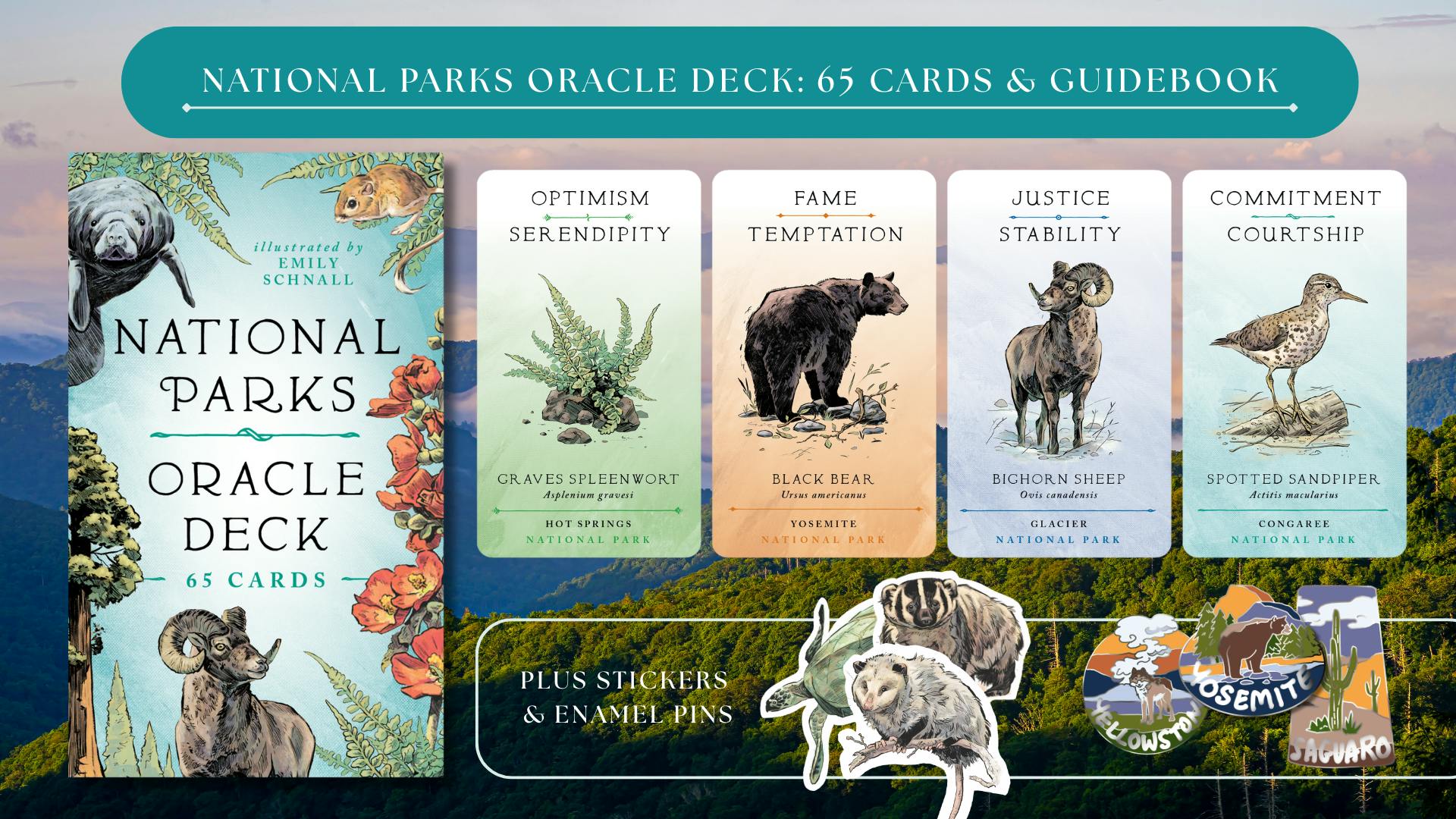 National Parks Oracle Deck - 65 Cards & Guidebook. Deck front and card samples, plus stickers & enamel pins