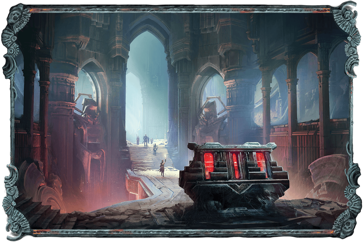An illustration showing a group of fantasy characters in an expansive room. They’re carefully making their way toward a red, glowing reliquary.