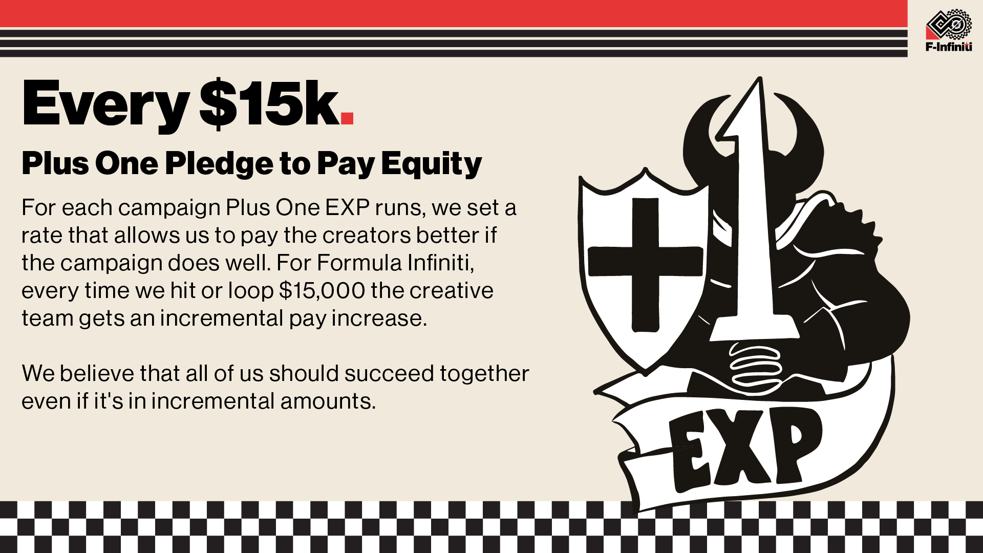 Every $15k - Plus One Pledge to Pay Equity. For each campaign Plus One EXP runs, we set a rate that allows us to pay the creators better if the campaign does well. For Formula Infiniti, after we fund, every time we hit or loop $15,000, the creative team gets an incremental pay increase.  We believe that all of us should succeed together, even if it's in incremental amounts.