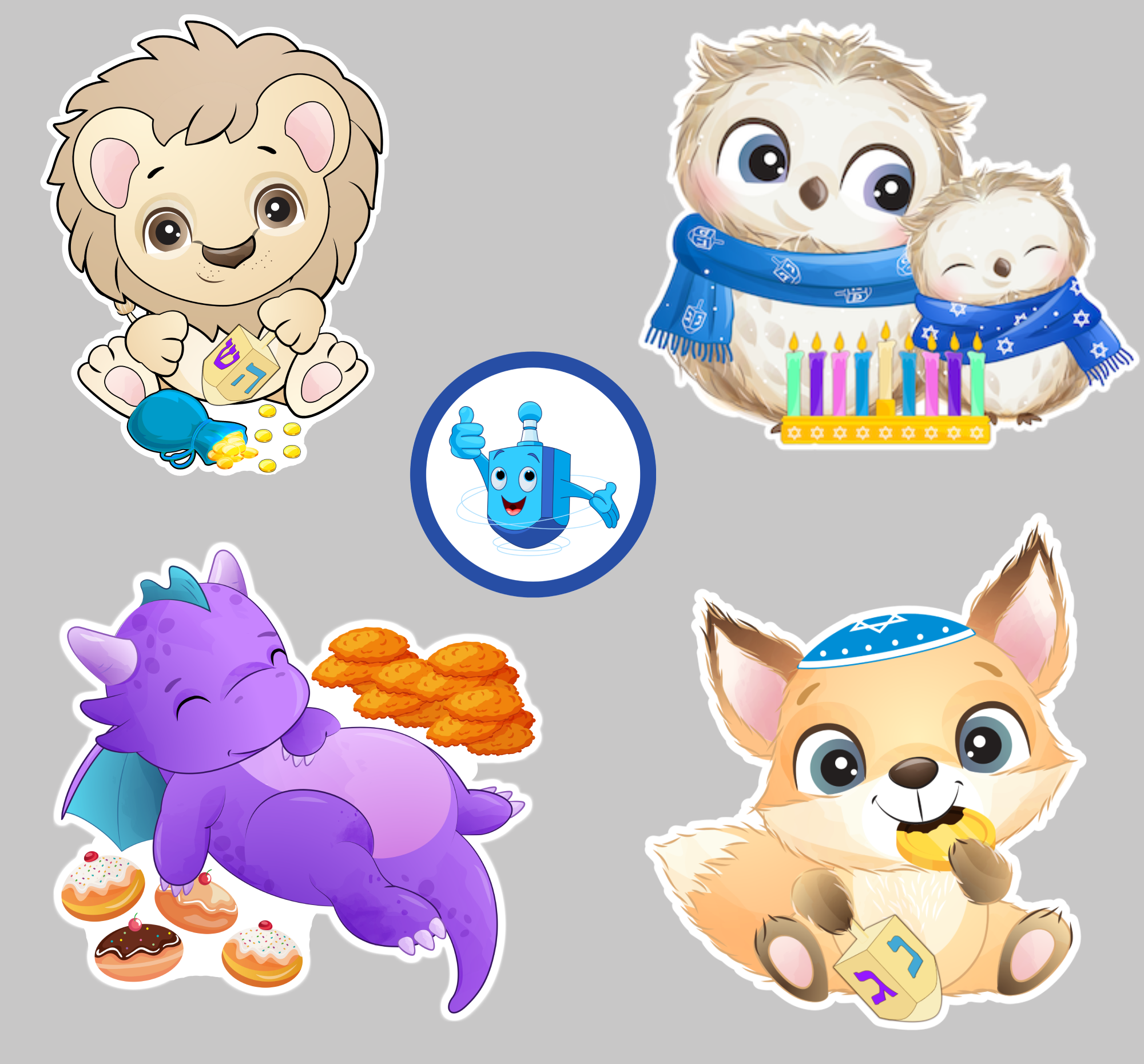 Lion playing dreidel (top left); pair of owls with a menorah (top right); dreidel with arms and a thumbs up (center); dragon with sufganiyot and latkes (bottom left); fox eating chocolate gelt, with a dreidel, wearing a kippah (bottom right)