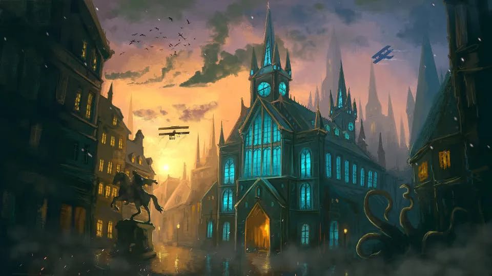 The capital city of Ravanseil, Kurelgin, at sunset. A building with walls of windows glows blue as biplanes fly in the sky around it. A statue of a figure on a rearing horse is in the foreground, and tentacles seem to sprout from an alleyway to the right.
