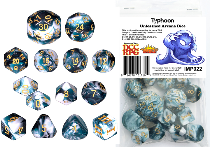 Typhoon DCC 14 dice set plus DCC/5E magic item PDF for the Typhonic Horn