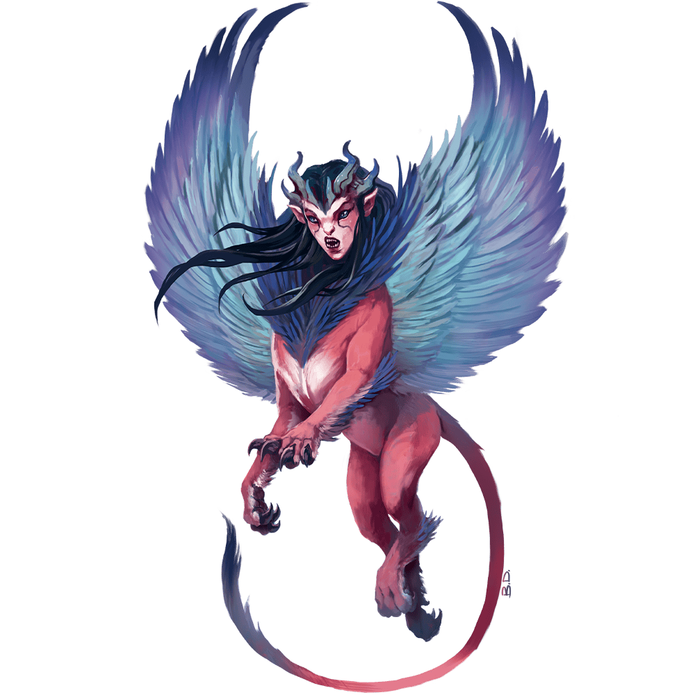 Illustration of a winged sphinx in flight.