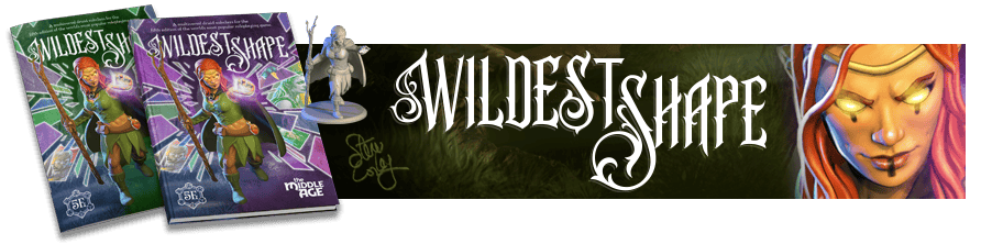 A banner saying Wildest Shape with art of a humanoid face with glowing green eyes on the right and zine previews on the left