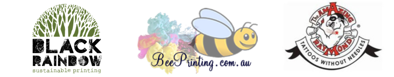 Black Rainbow logo, BeePrinting logo and The Amazing Raymond logo